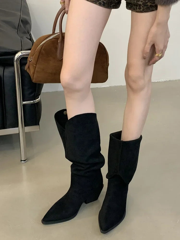 LBSFY -Retro Style Fold Button Women Knee-High Boots Fashion Pointed Toe Square Low Heels Casual Dress Ladies Shoes