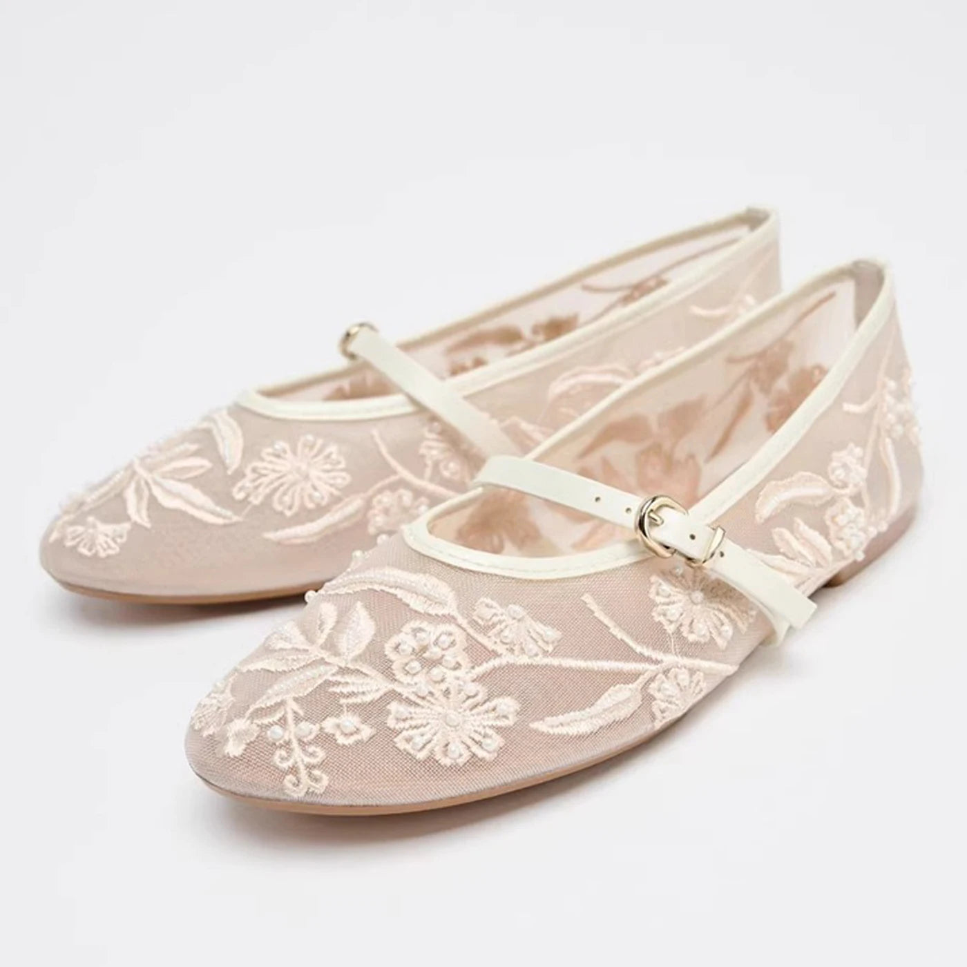 LBSFY -Spring Design Embroidery Flowers Pearl Mesh Round Tor Ballet Flats Woman Loafers Buckle Strap Ladies Mary Jane Shoe Mules Sandal