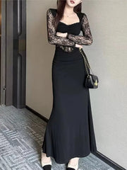 LBSFY -Sexy Splicing Lace Fishbone Dresses Women Elegant Patchwork Evening Party Dress Fashion Temperament Female Black Vestido Mujer