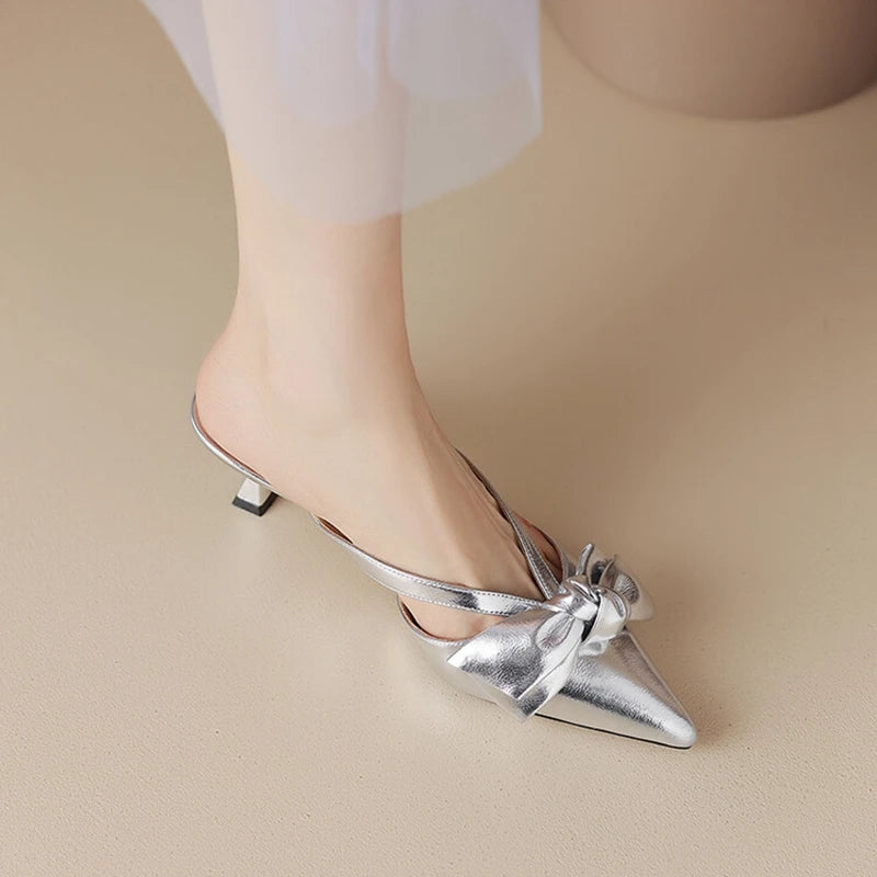 LBSFY  -  Summer Slippers Women Split Leather Shoes for Women Pointed Toe Thin Heel Mules Sweet Bow-knot Sandals Women Cover Toe Slides