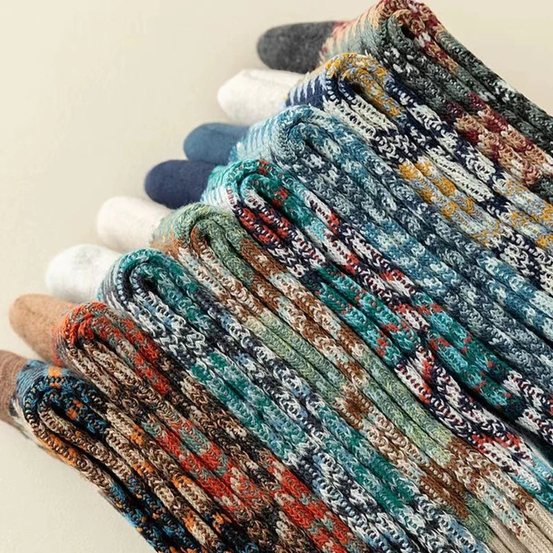 Lbsfy 3 Pairs Men's Retro Socks Ethnic Style Geometric Stripes Cotton Crew Socks Male Breathable and Sweat-absorbing Winter Warm Sock
