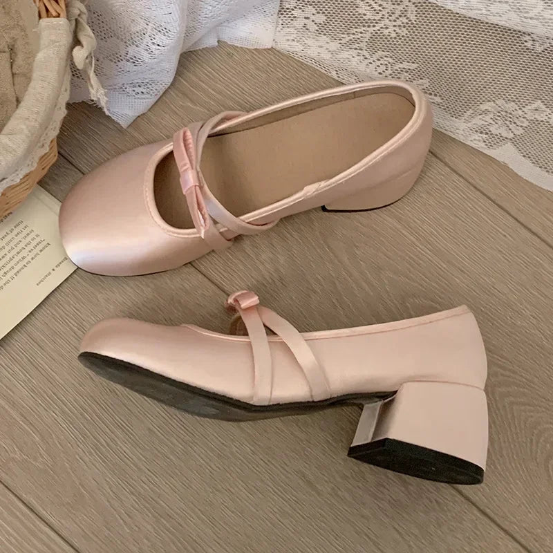 LBSFY -Women Chunky Heel Shoes New  Fashion Bowknot Strap Mid Heels Women Mary Jane Shoes Dress Shallow Mouth Ladies Ballet Shoes