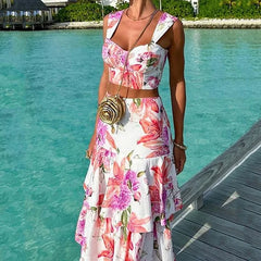 LBSFY  -  2 Piece Set Women Summer Elegant Floral Printed Sleeveless High Waist Vest Top Loose Cascade Long Skirt Sets Streetwear