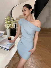 LBSFY -Sexy Korean Fashion Elegant Inclined-Shoulder Blue Short Dresses Backless Slim Pleated Party Dress Spring Summer New Vestidos