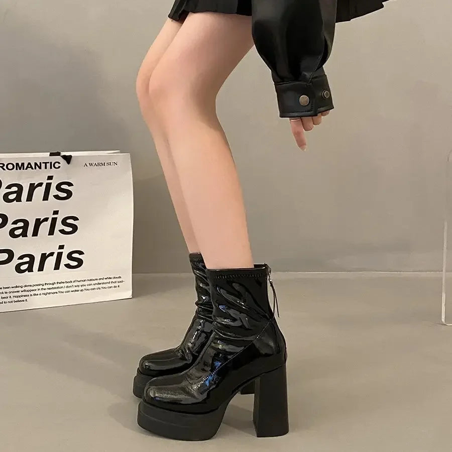 LBSFY  -  Platform Boot Shoes for Women Modern Western Black Femme Botas Punk Goth Female Winter High Heeled Shoes Round Toe Heels Botines