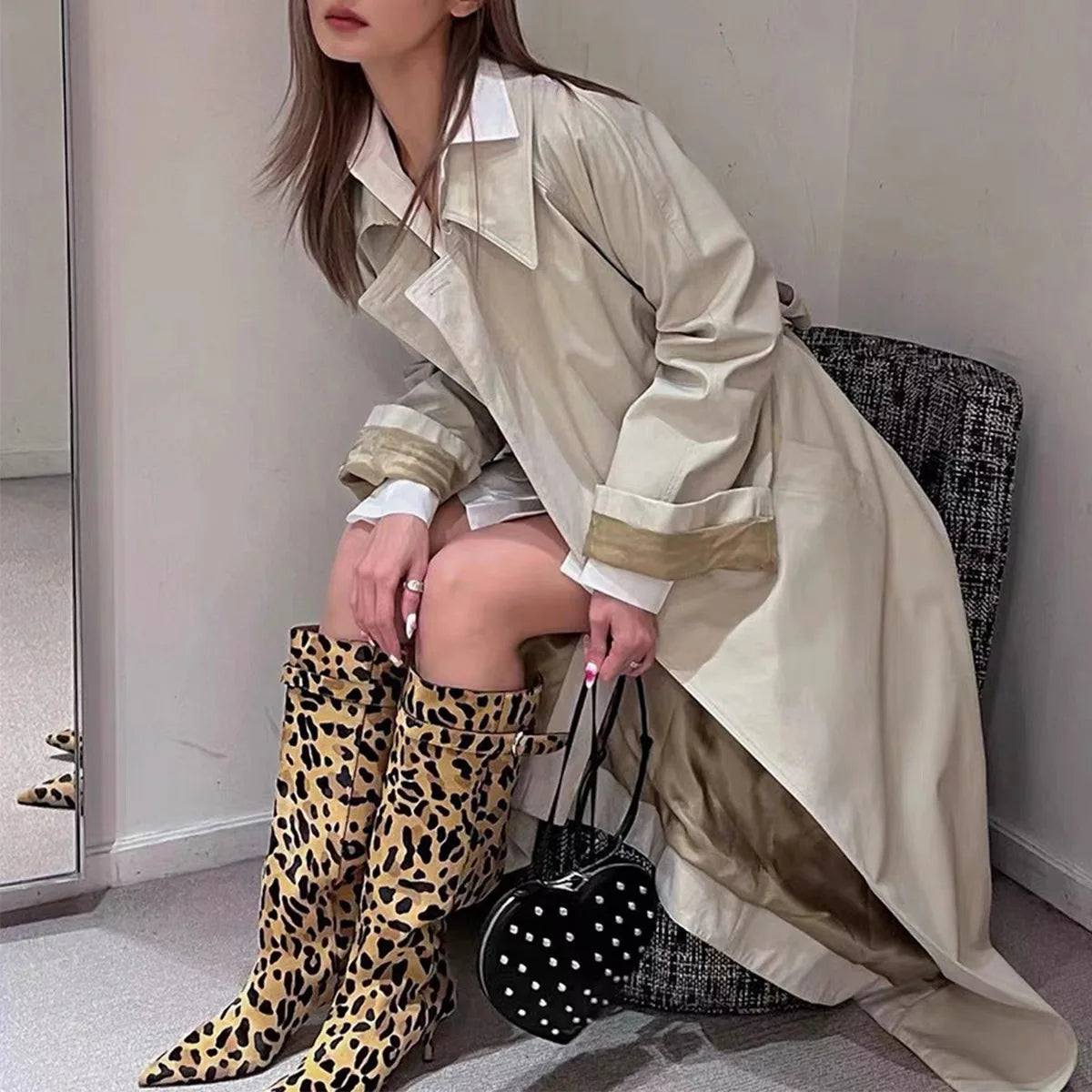 LBSFY  -  Thin Heel Soft Fur Leopard Print Long Boots, Knight Boots, Women's Autumn and Winter Retro Knee High Boots, Women's High Boots