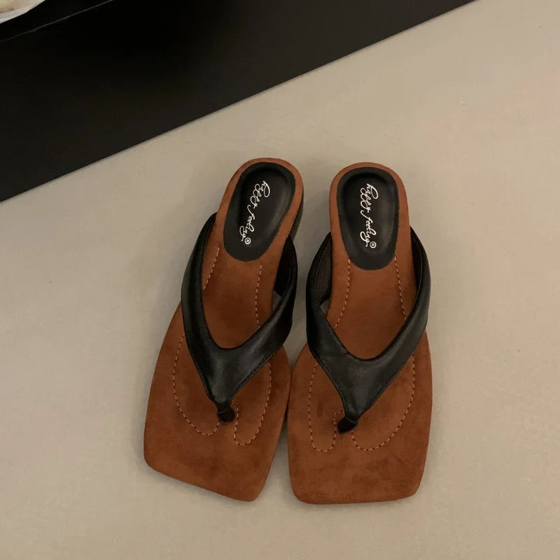LBSFY - Summer Women Slipper Fashion Narrow Band Ladies Square Heel Outdoor Dress Sandal Elegant Flip Flops Beach Slides