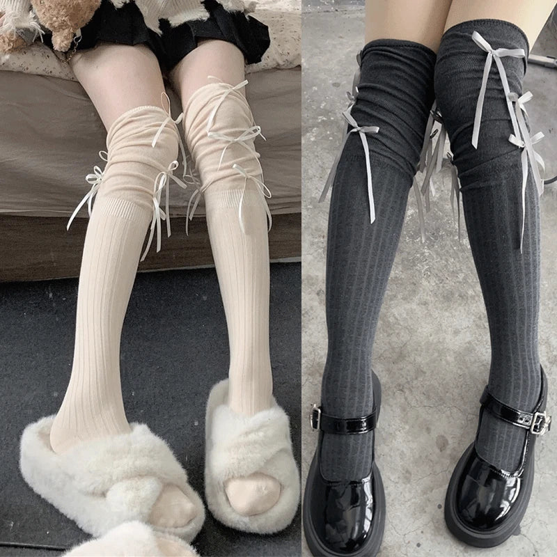 Lbsfy Lolita Long Socks Women Bandage Ribbon Bow Sweet Girls Kawaii Cute Middle Tube Socks Ballet Style Solid Color Black White Socks