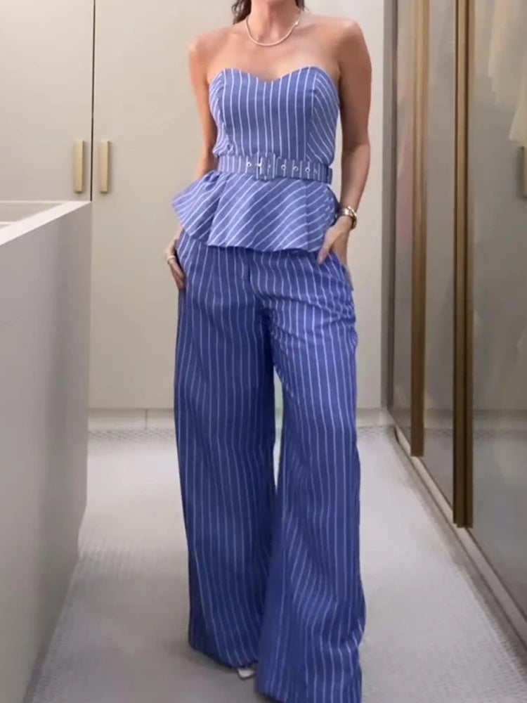LBSFY  -    2 Pieces Sets Women Casual Crop Top And Pant Off Shoulder Top With Pant Outfits Women Stripe Fashion Matching Sets