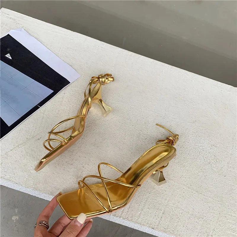 LBSFY -Fashion Gold Silver Sandals Thin Low Heel Lace Up Rome Summer Gladiator Women Casual Narrow Band Shoes Sandalias De Mujer