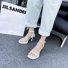 LBSFY  - Fashion Women Sandals Black White Blue Pink Open Toe Narrow Band Ankle Strap Thick High Heels Party Dress Sandals Dress Shoes