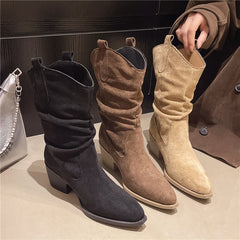 LBSFY -New Style Fashion Women's Mid-calf Boots Women Winter Ethnic Rivet Tassel Boots Woman Suede Pointed Thick Heel Shoes Boots