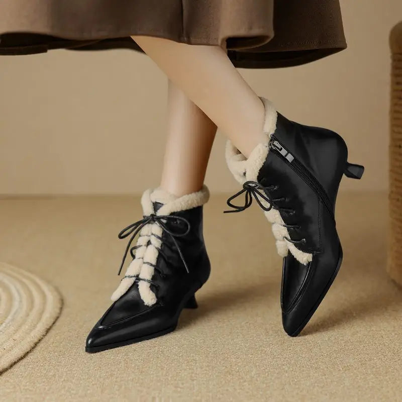 LBSFY  -   Fashion Thick Fur Winter Ankle Boots Pointed Toe Lace Up Med Heels Ankle Boots Zipper Ladies Warm Snow Boots