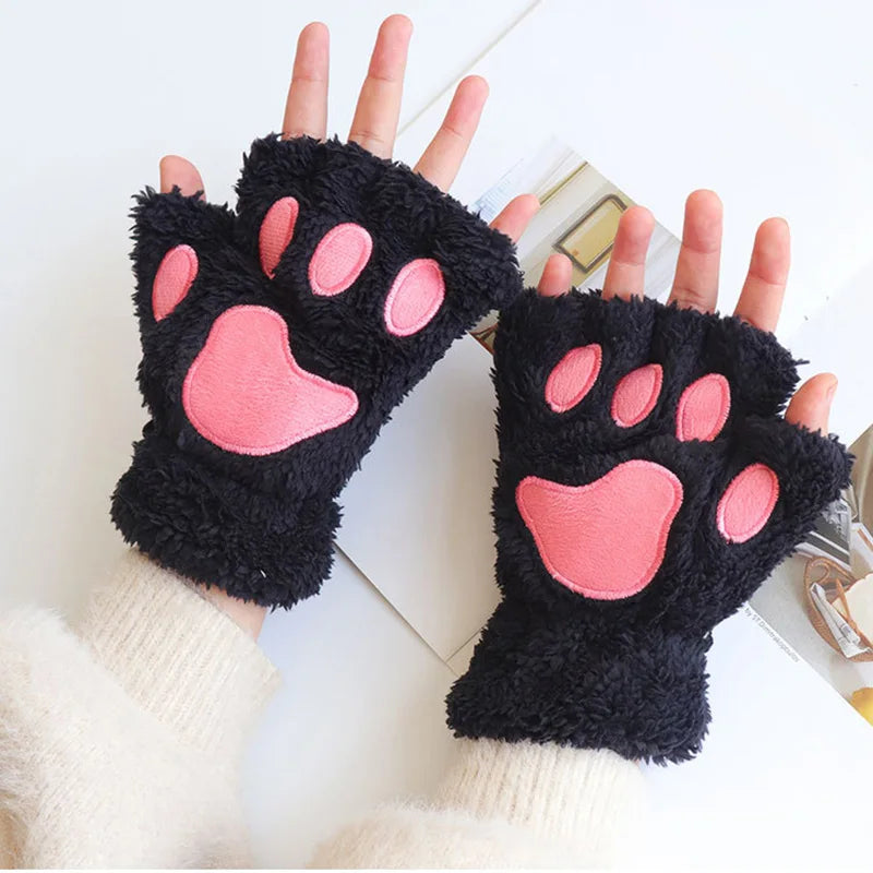 Lbsfy 1Pair Girl Lovely Bear Plush Cat Paw Claw Gloves Winter Faux Fur Kitten Fingerless Mittens for Women Christmas Halloween Gloves
