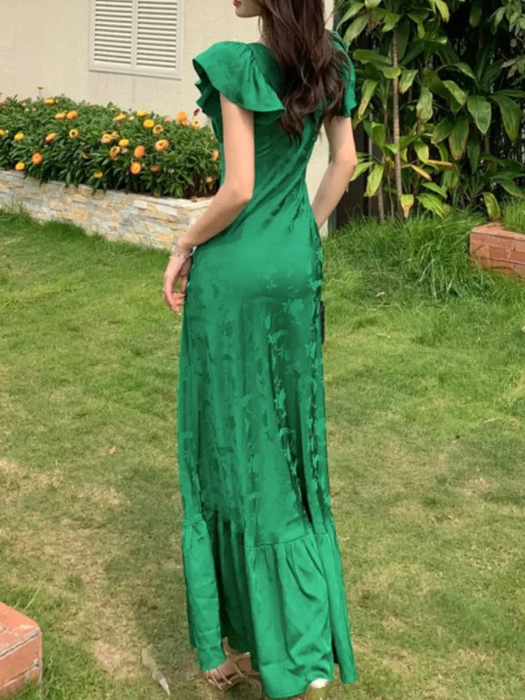 LBSFY -Summer French Vintage Ruffles Satin Women's Long Dresses Green Waist Print V-Neck Flying Sleeves Dress Fashion New Vestidos