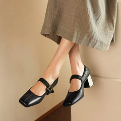 LBSFY  -  2024 New Genuine Leather Shoes Mary Janes Chunky High Heels Office Dress Shoes Square Toe Ladies Pumps