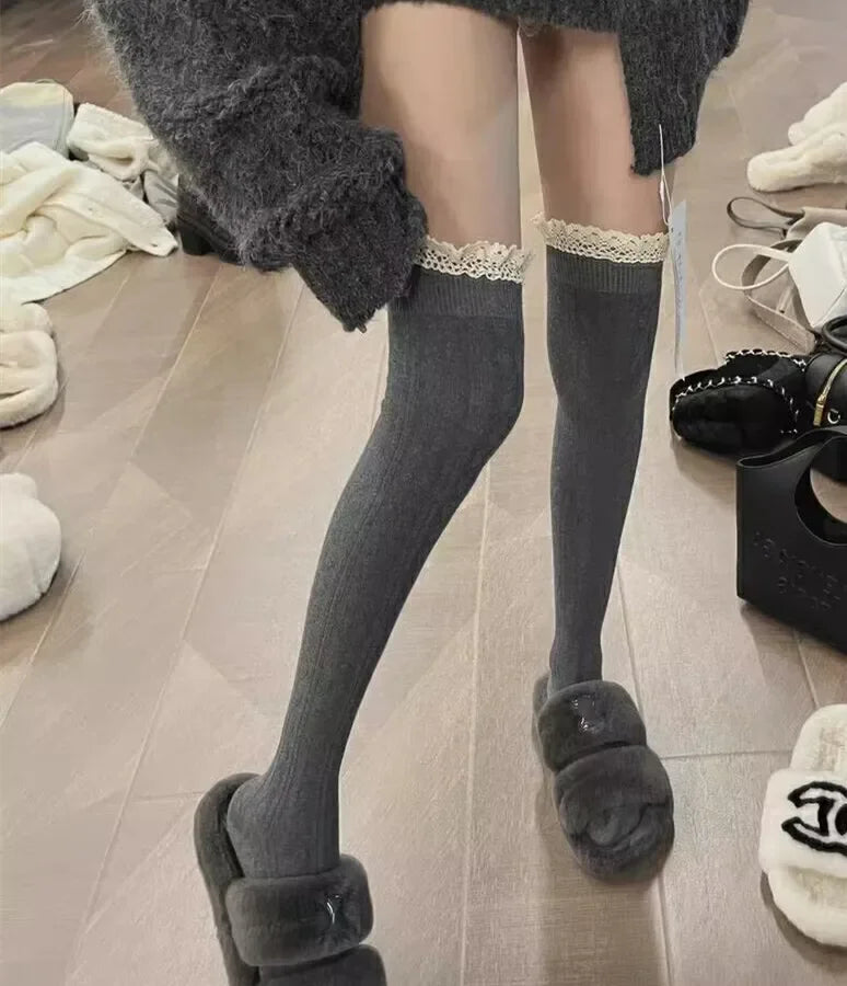 Lbsfy Socks Woman Autumn/Winter Solid Color Thigh High Lace Cute Lolita Thick Warm Stockings Black White Long Leg Socks for Women