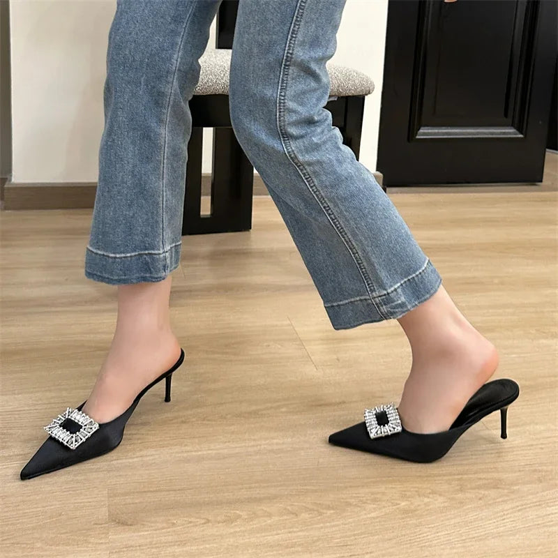 LBSFY -Spring Pointed Toe Crystal Buckle Mules Slippers Women Fashion Thin Heels Casual Party Shoes Zapatos De Mujer