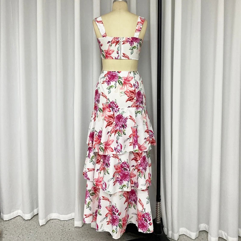 LBSFY  -  2 Piece Set Women Summer Elegant Floral Printed Sleeveless High Waist Vest Top Loose Cascade Long Skirt Sets Streetwear