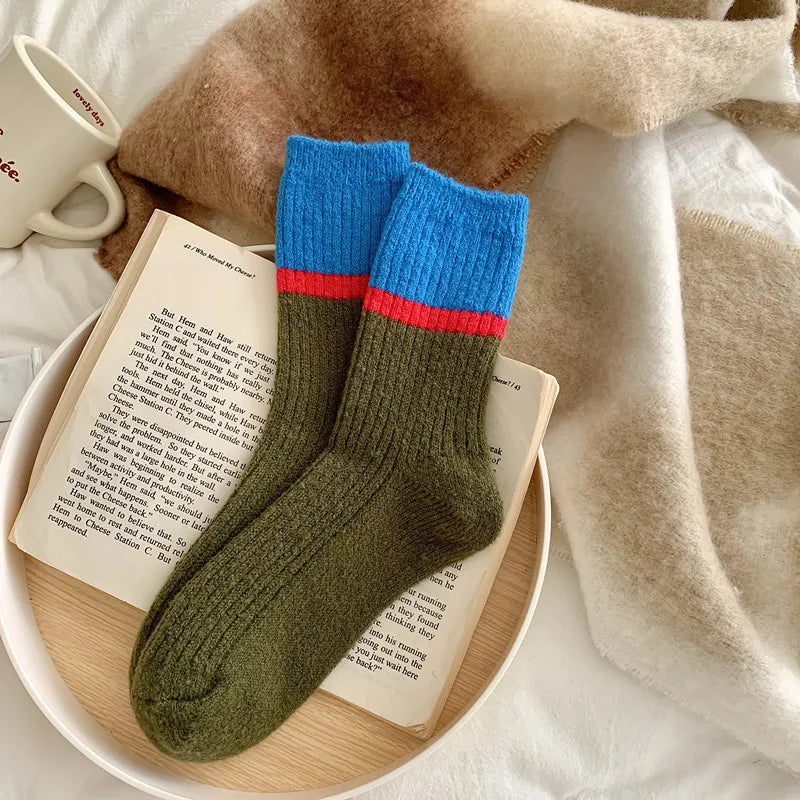 Lbsfy Wool Winter Thick Warm Cute Socks Cotton Korean Wool Stripe Designer Socks Middle Tube Kawaii Casual Harajuku Women Socks