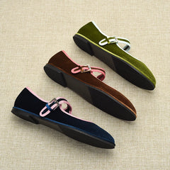 LBSFY  -  Spanish style Flats Round Toe Women's Shoes Velvet Flats Fashion Mary Jane Shoes Women Shoes Green Blue Brown