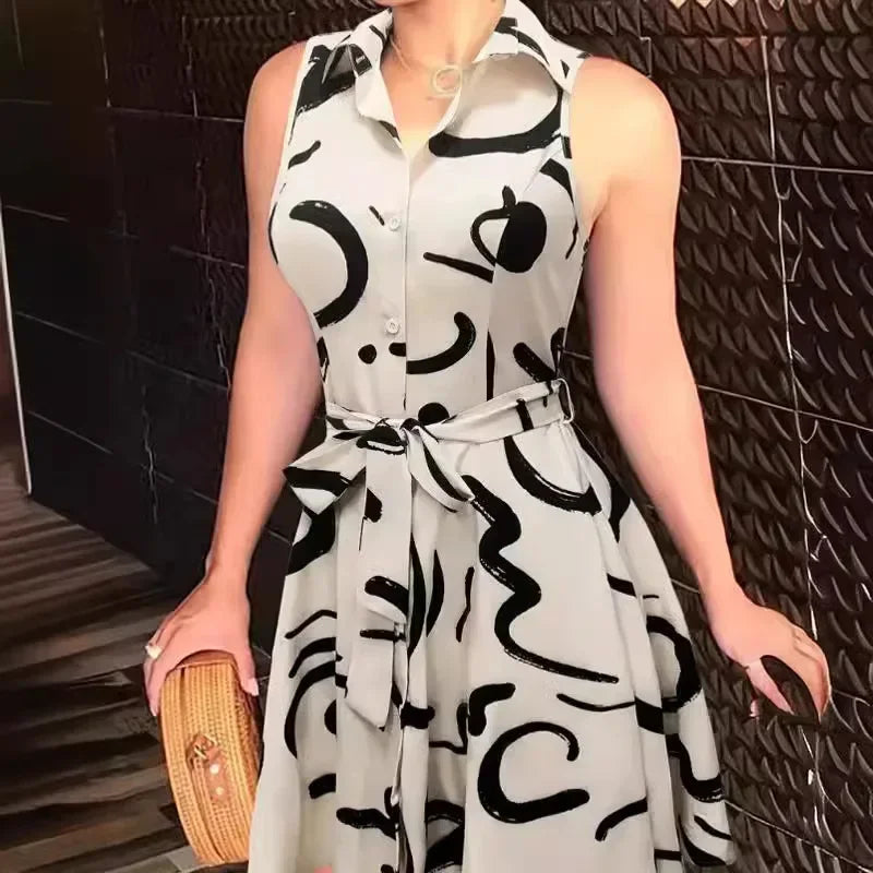 LBSFY  -  New Women's Printed Sleeveless Lace-up Dress Shirt Mini High Waist Dress Single Breasted Fashion Summer