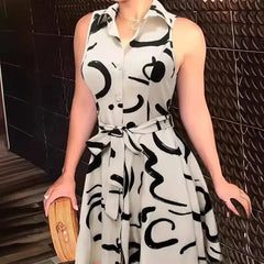 LBSFY  -  New Women's Printed Sleeveless Lace-up Dress Shirt Mini High Waist Dress Single Breasted Fashion Summer