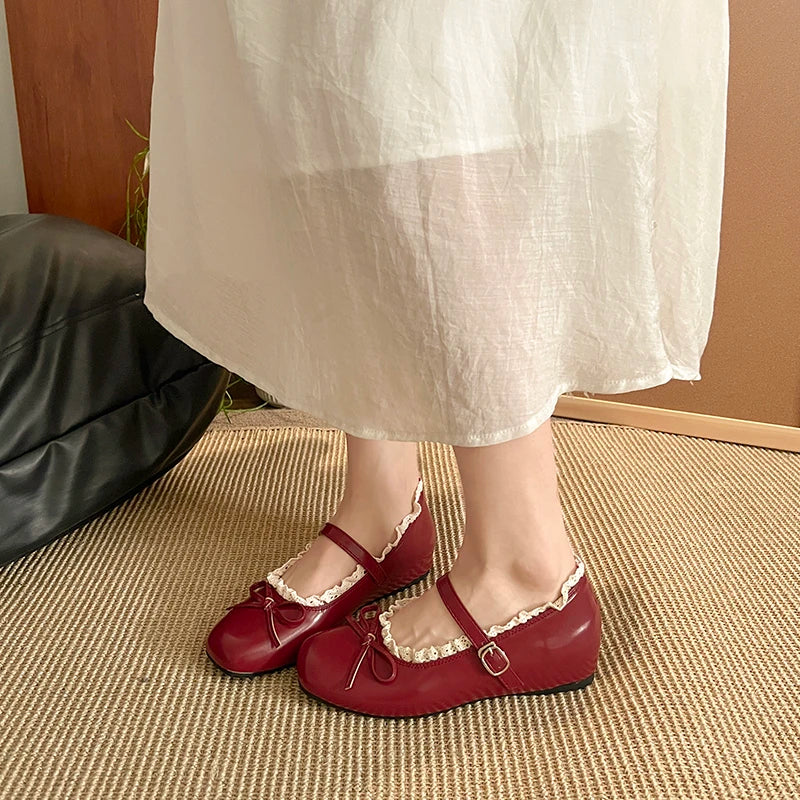 LBSFY -Square Toe Shallow Mouth Vintage French Flat Lace Mary Jane Women's Shoes New with Skirt Bow Strap Single Shoes