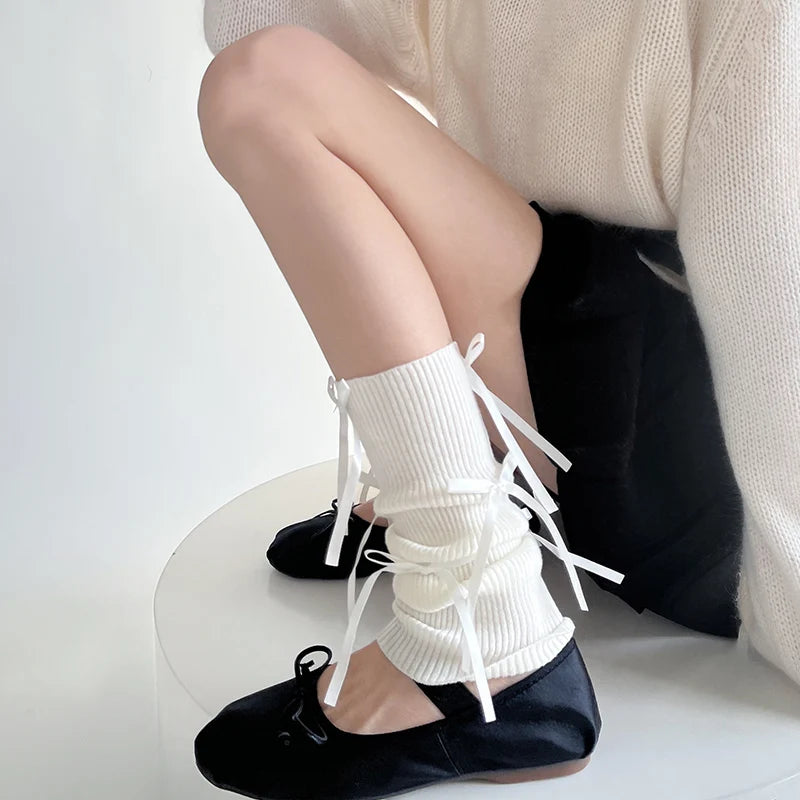 Lbsfy New Sweet Women Bow Tie Knitted Leg Covers Y2K Ballet Pink Leg Warmers Long Calf Japanese Leg Covers JK Clothing Accessories