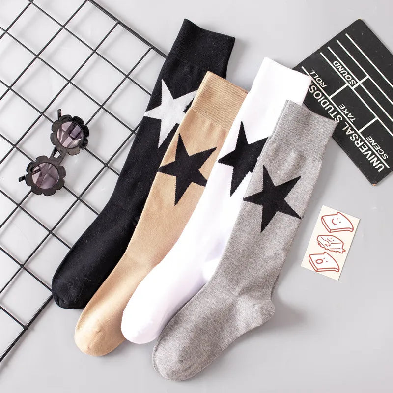 Lbsfy Women's Socks Cotton Spring Autumn Winter Black White Harajuku Korean Streetwear Socks Star Print Long Stockings Knee-high Socks