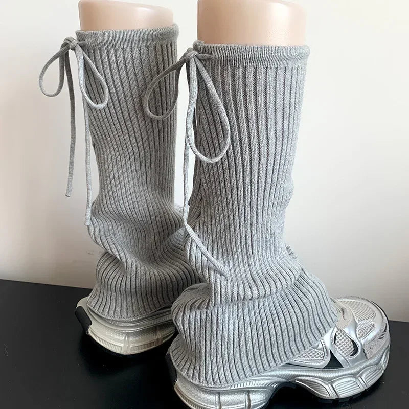 Lbsfy Sweet Ballet Strappy Wide Leg Socks Knitted Strappy Stockings Winter Warm Jk Leggings Y2K Bow Pile Socks Korea Women Calf Socks