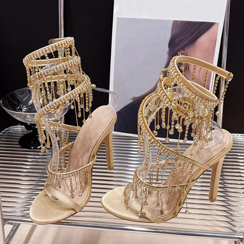 LBSFY  -Elegant Women Wedding Banquet Shoes Fashion Crystal Tassel Twining Stiletto Sandals Sexy Open Toe Stripper Heels Golden