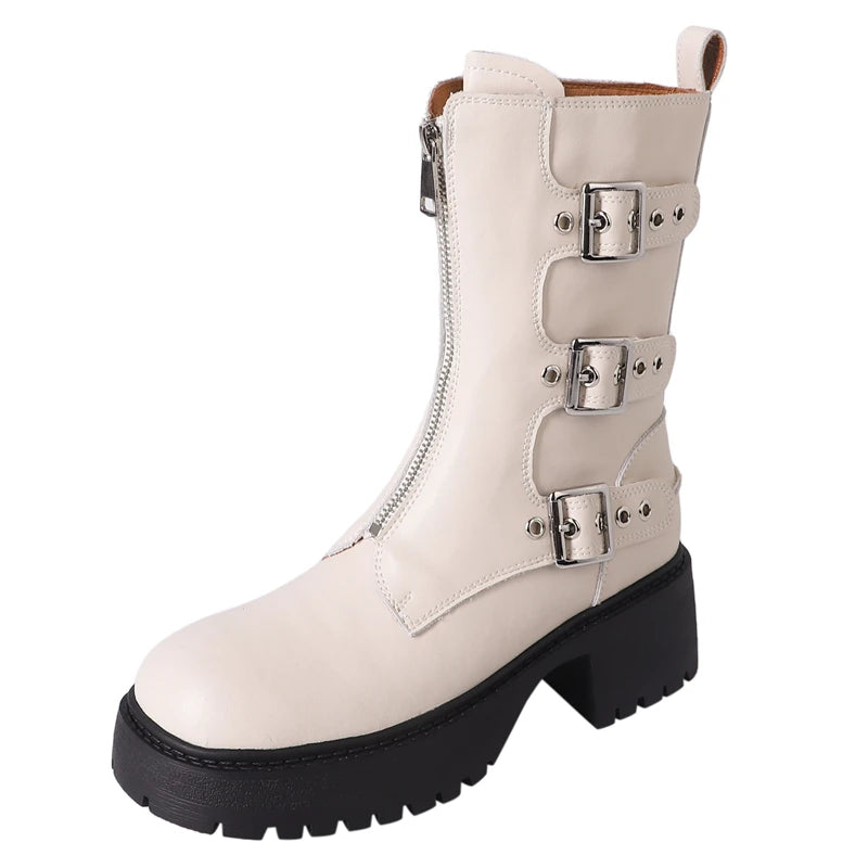 LBSFY  -  2025 New Women's Ankle Boots Buckle Zipper Square High Heels Motorcycle Boots Handmade Autumn Winter Ladies Shoes