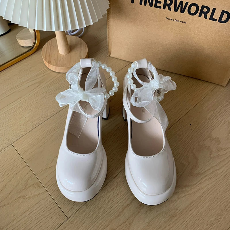 LBSFY  Platform Thick Heel Women Mary Jane Shoes Fashion Pearl Ankle Strap Shoes Ladies Elegant Stripper Party Pumps