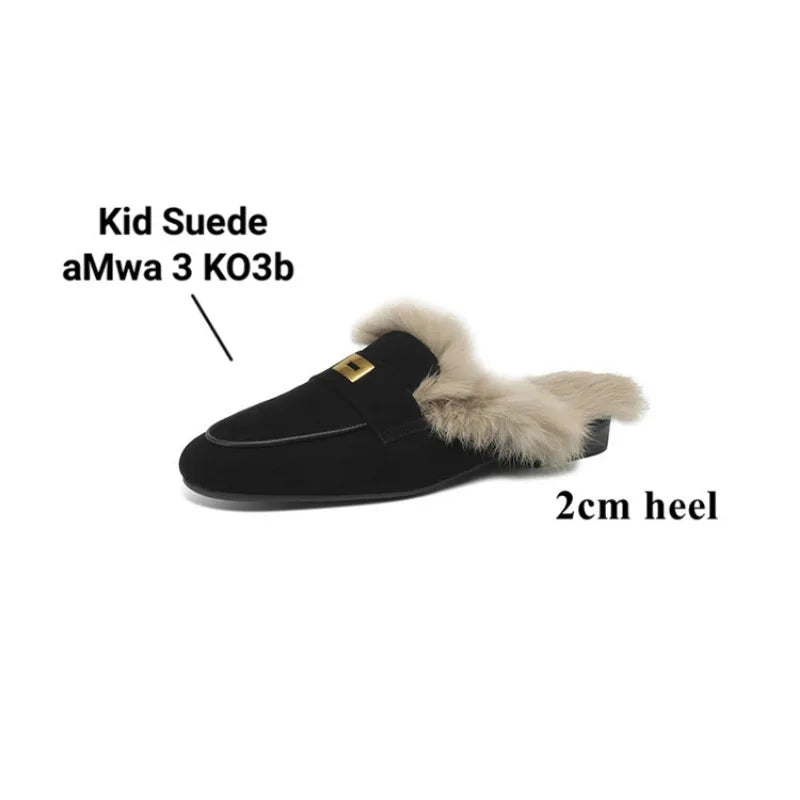 LBSFY  -  Sheep Suede Mules Women Warm Real Rabbit Fur Slip-on Autumn Winter Slippers Casual Loafers Ladies Flats Shoes