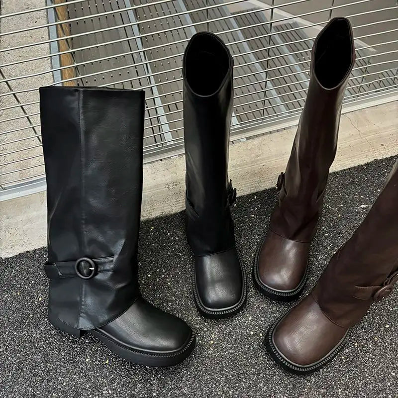 LBSFY  -  HOT Genuine Leather Boots Women Buckle Slip On Knee High Boots Brown Black Fashion Modern Botas Ladies Shoes