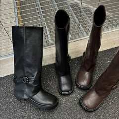 LBSFY  -  HOT Genuine Leather Boots Women Buckle Slip On Knee High Boots Brown Black Fashion Modern Botas Ladies Shoes