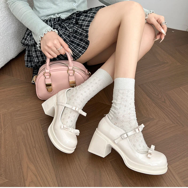 LBSFY -New Platform Thick Heel Women Mary Jane Shoes Fashion Butterfly-knot Dress Shoes Ladies Outdoor Leather Pumps