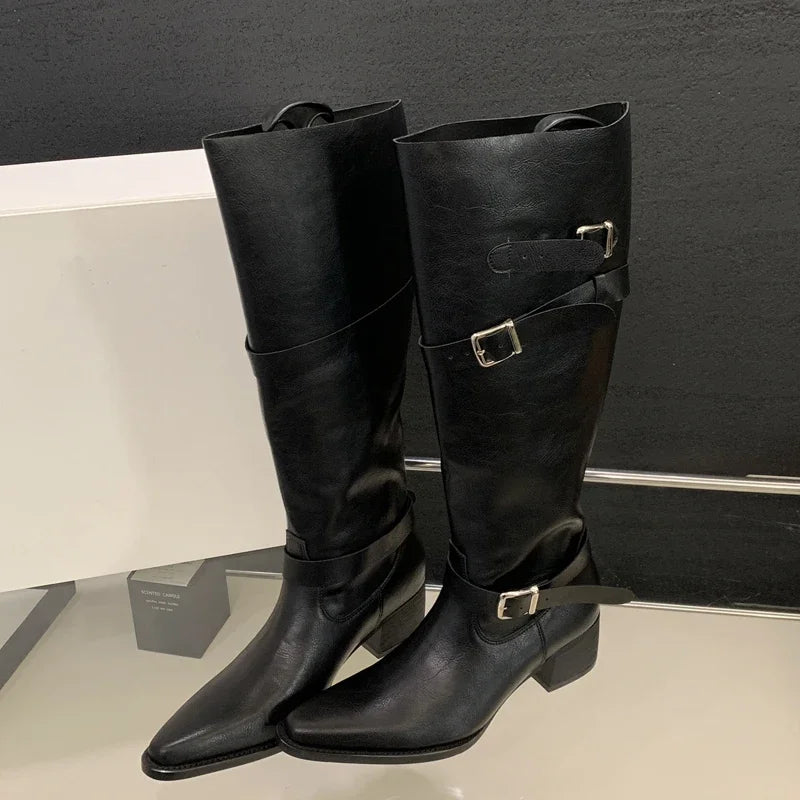 LBSFY -Winter Black Punk Round Toe Knee-High Women Boots Square Heels Buckle Strap Ladies Booties Shoes Zapatillas De Mujer