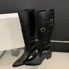 LBSFY -Winter Black Punk Round Toe Knee-High Women Boots Square Heels Buckle Strap Ladies Booties Shoes Zapatillas De Mujer