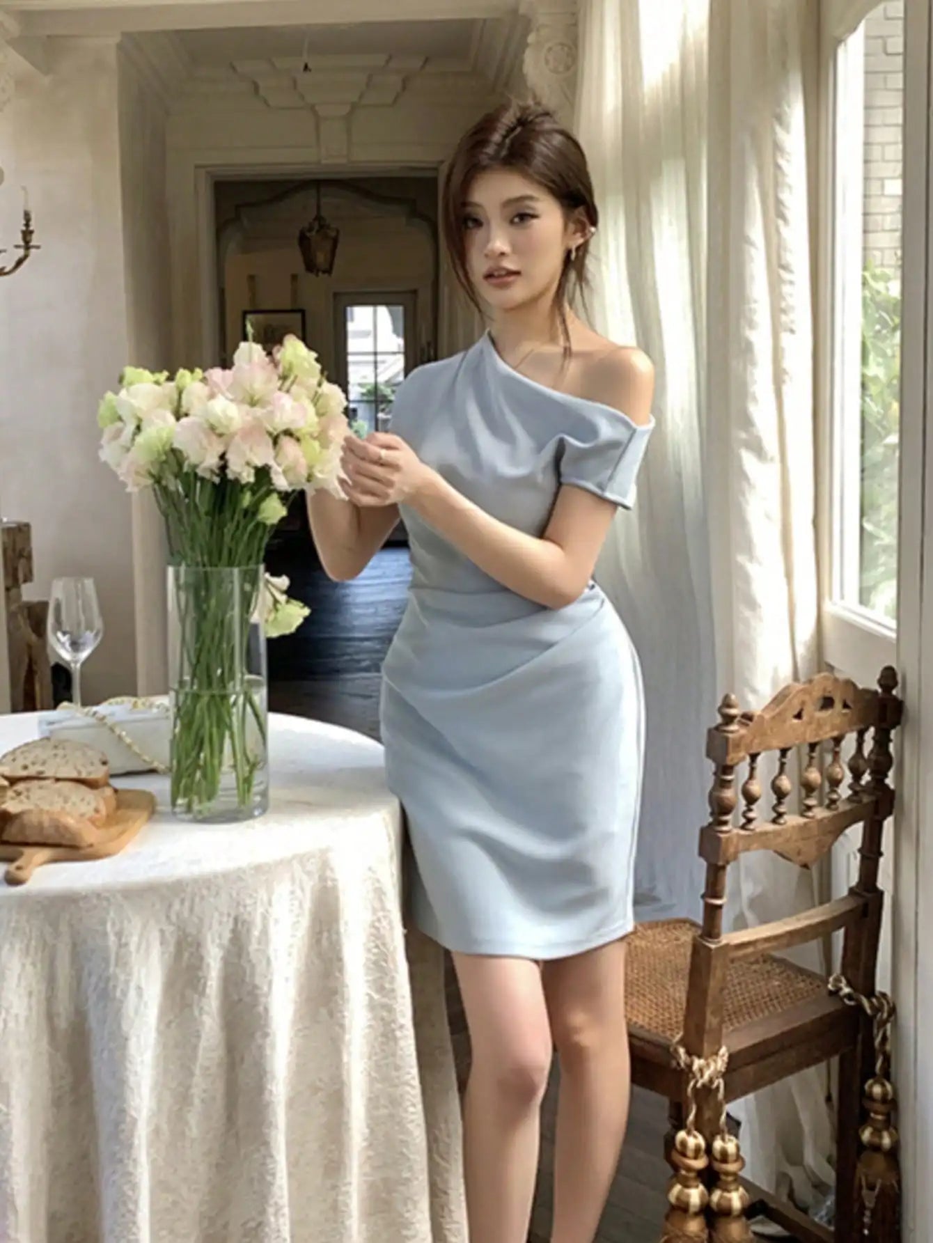 LBSFY -Sexy Korean Fashion Elegant Inclined-Shoulder Blue Short Dresses Backless Slim Pleated Party Dress Spring Summer New Vestidos
