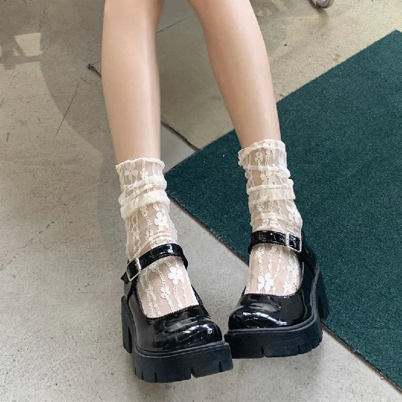 Lbsfy Women Lace Flower Hollow-Out Socks Retro Lolita Cute Summer Thin Middle Tube Transparent Socks Sweet Breathable Designer Socks