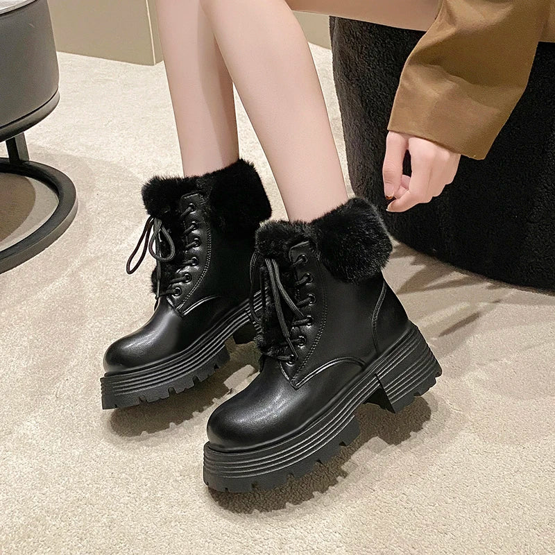 LBSFY  -  Winter Fluffy Fur Women Snow Boots Fashion Lace Up Short Booties Comfort Thick Heels Ladies Shoes