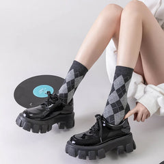 Lbsfy Women Socks Cotton Diamond Lattice Jacquard Stockings Socks Retro Harajuku Sweet Student Japanese Style Sports Socks Girls Gift