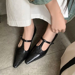 LBSFY  -  Size 34-43 New Genuine Leather Shoes Women Mary Janes Mid Heels Pointed Toe Black Brown Beige Ladies Party Dress Shoes