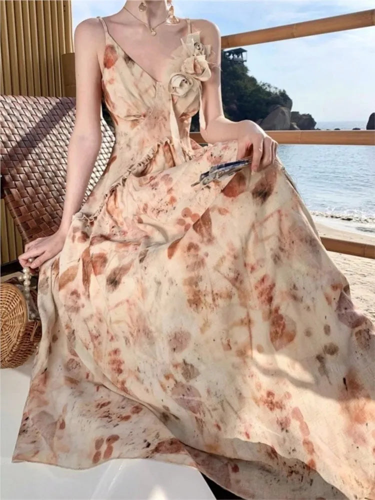 LBSFY -Summer Elegant Vintage Fashion Print Long Women's Dresses 2025 New French Party V-Neck Dress Casual Holiday Beach Fairy Vestidos