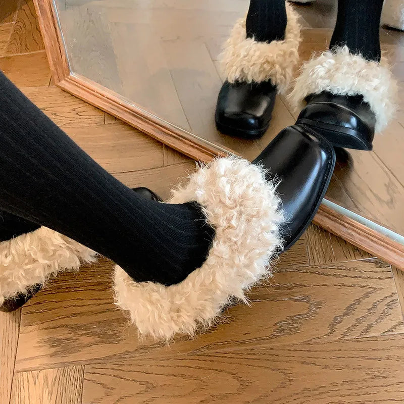 LBSFY  -  Fashion Pumps New High Quality Genuine Leather Wool Shoes Square Head High Heel Leather Shoes Winter Warm Shoes Women