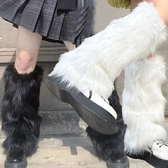 Lbsfy Japanese White Faux Fur Leg Warmers Boot Covers Y2K Goth Solid Leg Socks Punk Jk Knee-length Hiphop Hotgirl Fashion Warm Sock