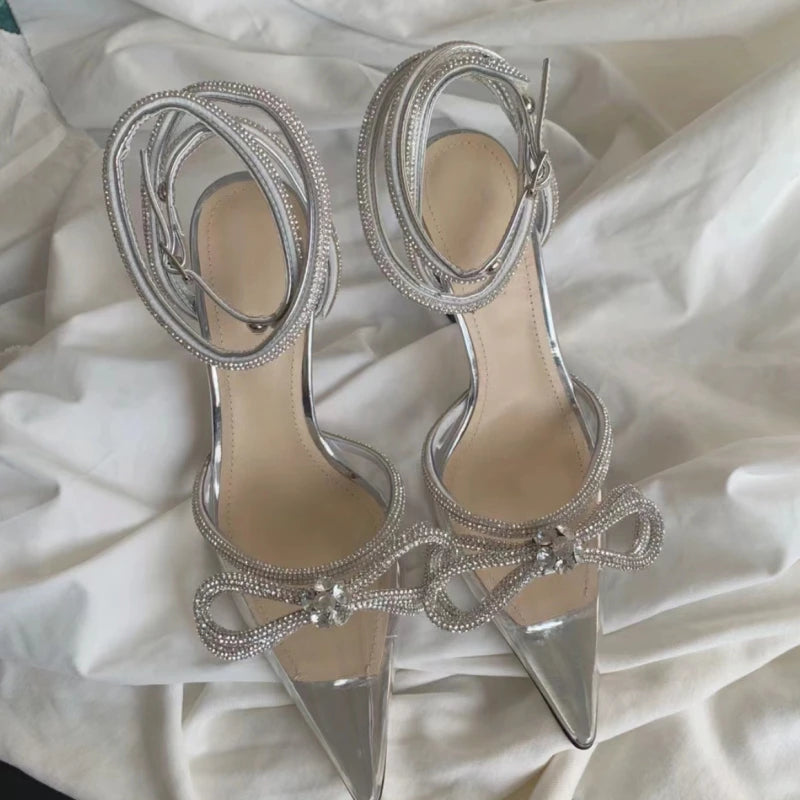 LBSFY  -  Transparent Pvc Crystal Bowknot High Heels Brand Designer Pointed Toe Stiletto Rhinestone Bow Strap Sandals Ladies Party Pumps