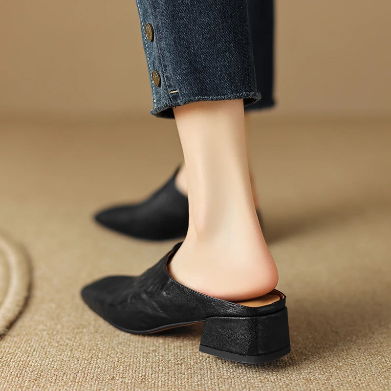 LBSFY  -  2024 Office Lady Casual Women Pumps Mules Square Toe Thick Heels Slippers Genuine Leather Sandals Shoes Woman Concise Fashion